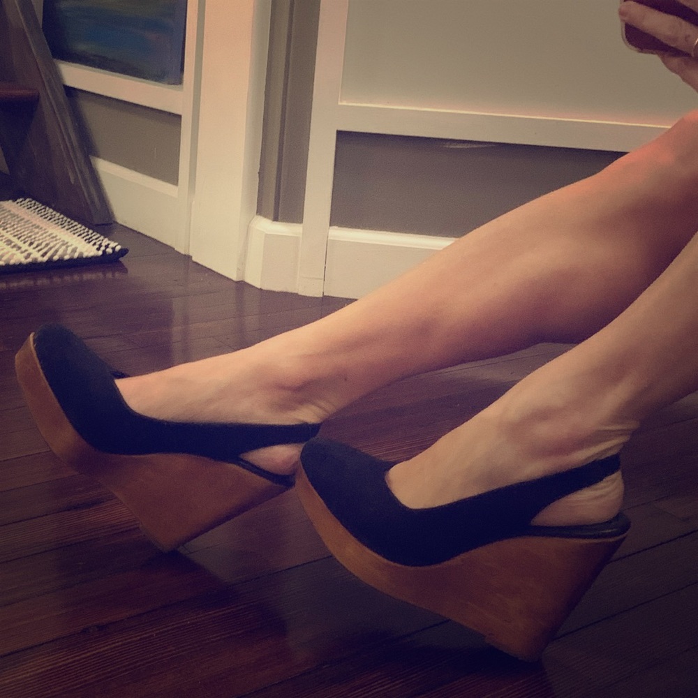 Rowen black suede sling back wedges